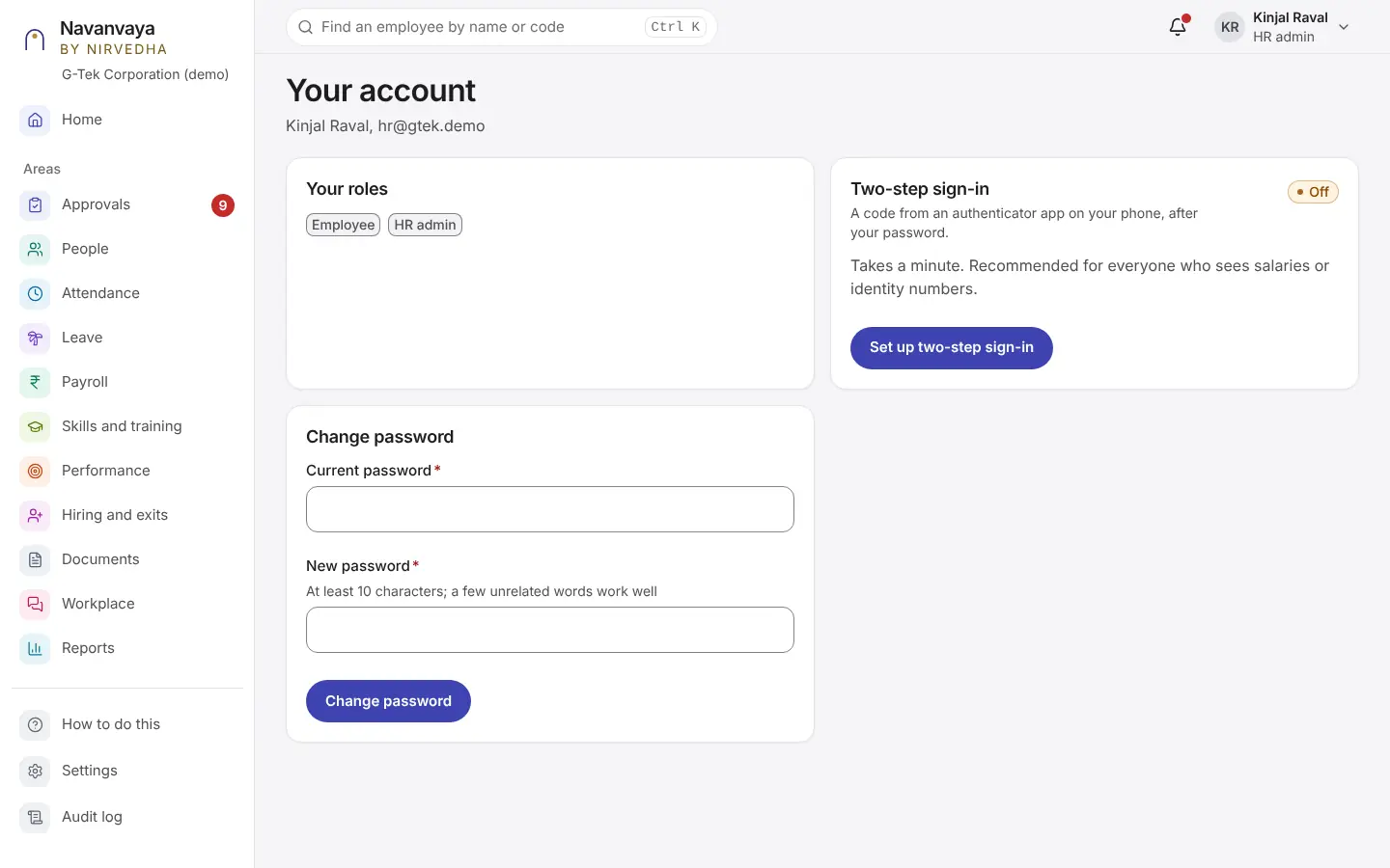 Laptop screen: Your account: roles, two-step sign-in and password